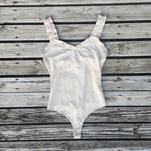 Pink Lily Boutique Nude Brown Tan Sweetheart Ruffle Bodysuit Medium Ribbed